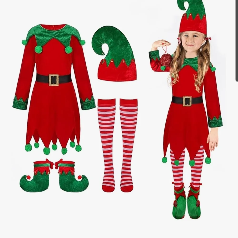 Jolly Red and Green Elf Costume for Kids No Belt Size 4-5